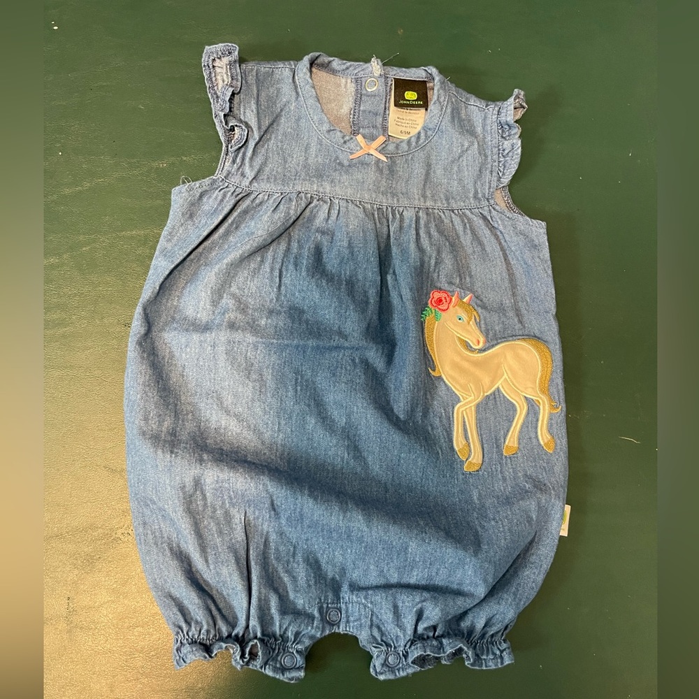 Cute denim John Deere baby outfit size 6/9 months